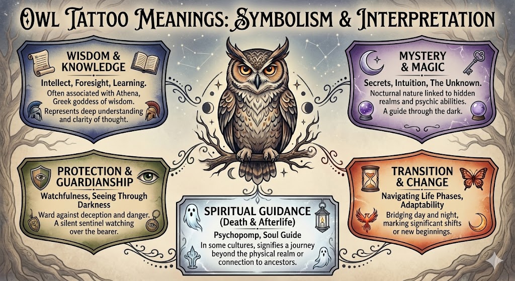 Owl Tattoo Meanings Owl tattoo symbolism includes wisdom, mystery, protection, guidance, and transition, highlighting its deep meanings and interpretations. | Sky Rye Design Owl tattoo symbolism includes wisdom, mystery, protection, guidance, and transition, highlighting its deep meanings and interpretations.