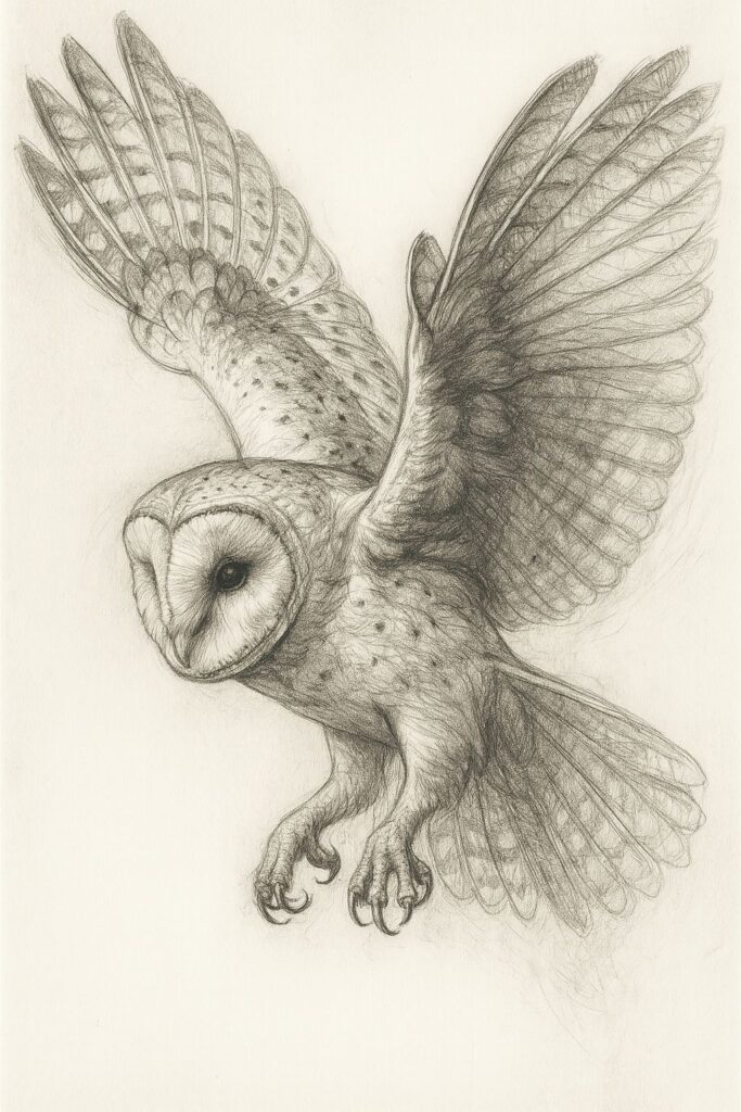 Owl Tattoos as Symbols of Protection 1 Detailed pencil sketch of a barn owl in mid-flight, showcasing intricate feather details and graceful wing spread. | Sky Rye Design Detailed pencil sketch of a barn owl in mid-flight, showcasing intricate feather details and graceful wing spread.