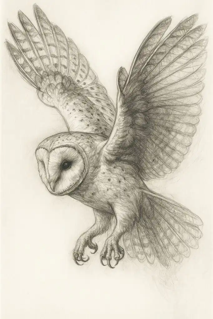 Detailed pencil sketch of a barn owl in mid-flight, showcasing intricate feather details and graceful wing spread.