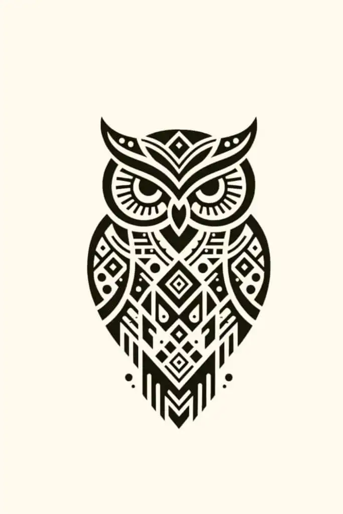 Intricate tribal owl design in black and cream, featuring geometric patterns and symmetrical details. Perfect for tattoo or decorative inspiration.
