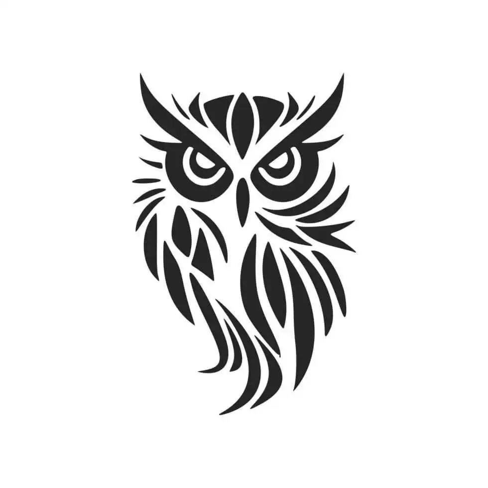 Stylized black owl illustration with intricate feather design on a white background, exuding a mysterious and artistic vibe.