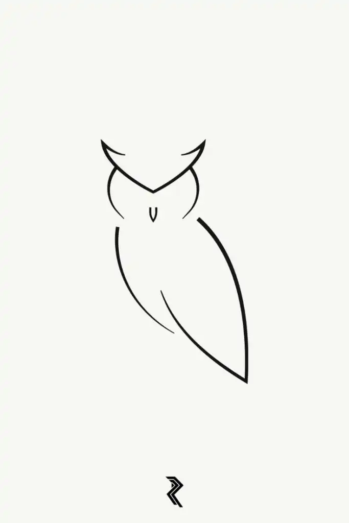 Minimalist owl line drawing with sharp, sleek lines on a plain background, featuring the letter R at the bottom.