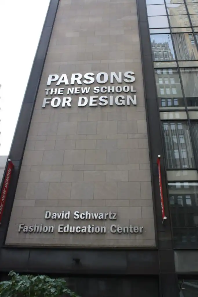 Parsons School of Design building exterior, David Schwartz Fashion Education Center sign, modern architecture in New York City.