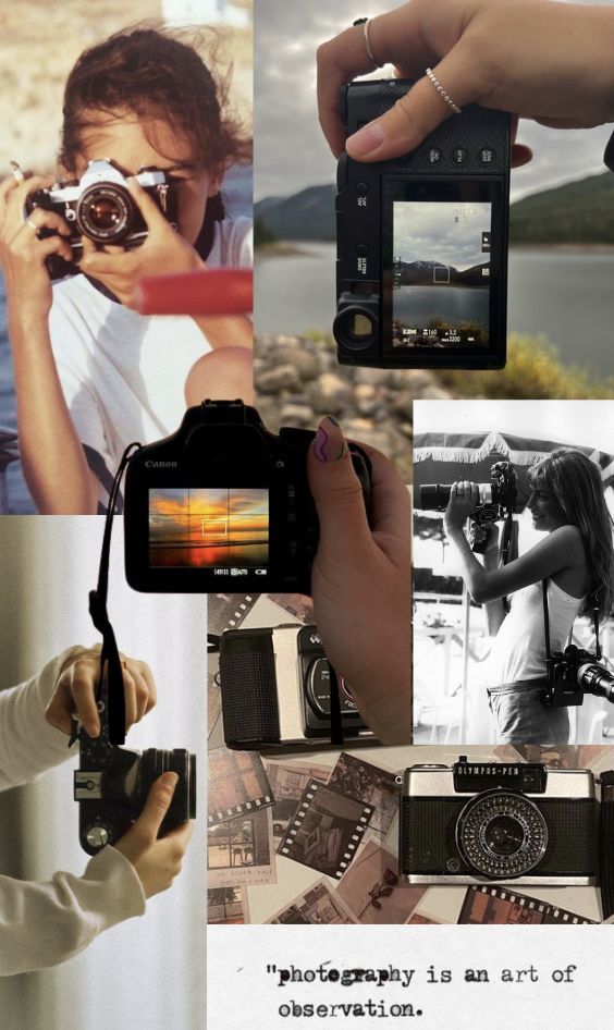 Screenshot Collage of people holding cameras, vintage photographs, and quote: Photography is an art of observation. Captures the essence of photography. | Sky Rye Design Collage of people holding cameras, vintage photographs, and quote: Photography is an art of observation. Captures the essence of photography.