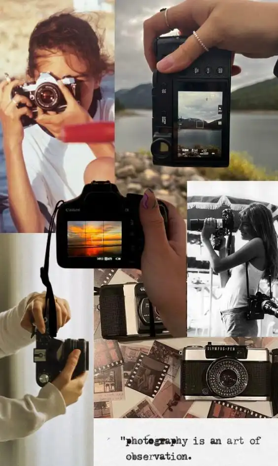 Screenshot Collage of people holding cameras, vintage photographs, and quote: Photography is an art of observation. Captures the essence of photography. | Sky Rye Design Collage of people holding cameras, vintage photographs, and quote: Photography is an art of observation. Captures the essence of photography.