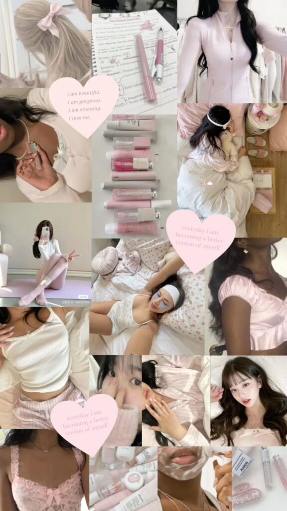 Pink Vision Board _3 Collage of self-care moments: skincare, cozy loungewear, and positive affirmations in pastel hues for relaxation and self-love. | Sky Rye Design Collage of self-care moments: skincare, cozy loungewear, and positive affirmations in pastel hues for relaxation and self-love.