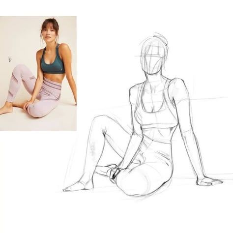 Pinterest Sketch and reference photo of a woman in athletic wear sitting on the floor, showcasing the artistic process from image to drawing. | Sky Rye Design Sketch and reference photo of a woman in athletic wear sitting on the floor, showcasing the artistic process from image to drawing.
