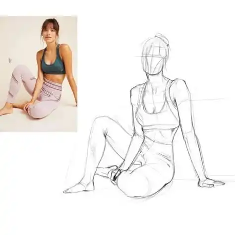 Sketch and reference photo of a woman in athletic wear sitting on the floor, showcasing the artistic process from image to drawing.