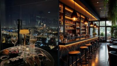 Rooftop bar with stunning city view, elegant seating, cozy lighting, and a table set with wine and appetizers. Perfect for a night out.