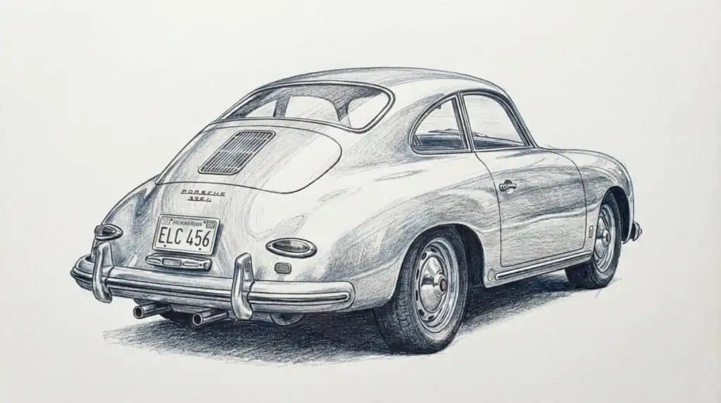 Illustrated rear view of a classic Porsche 356, highlighting its sleek design and iconic curves in a detailed pencil drawing.