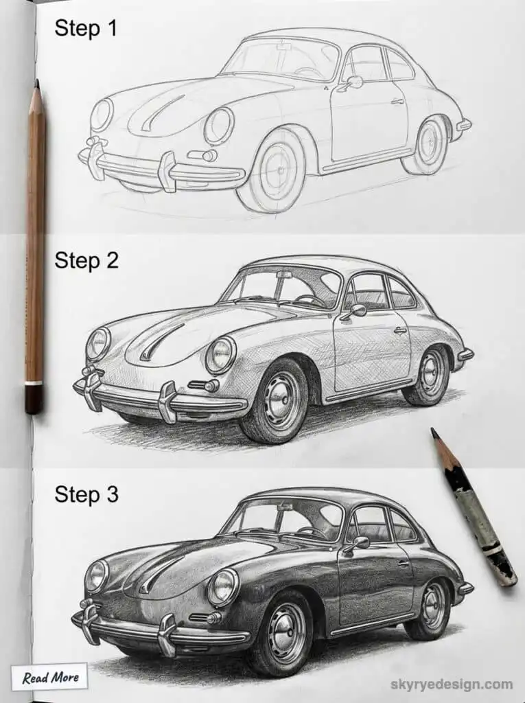 Three-step car drawing process, progressing from a basic outline to detailed shading, showcasing artistic techniques with