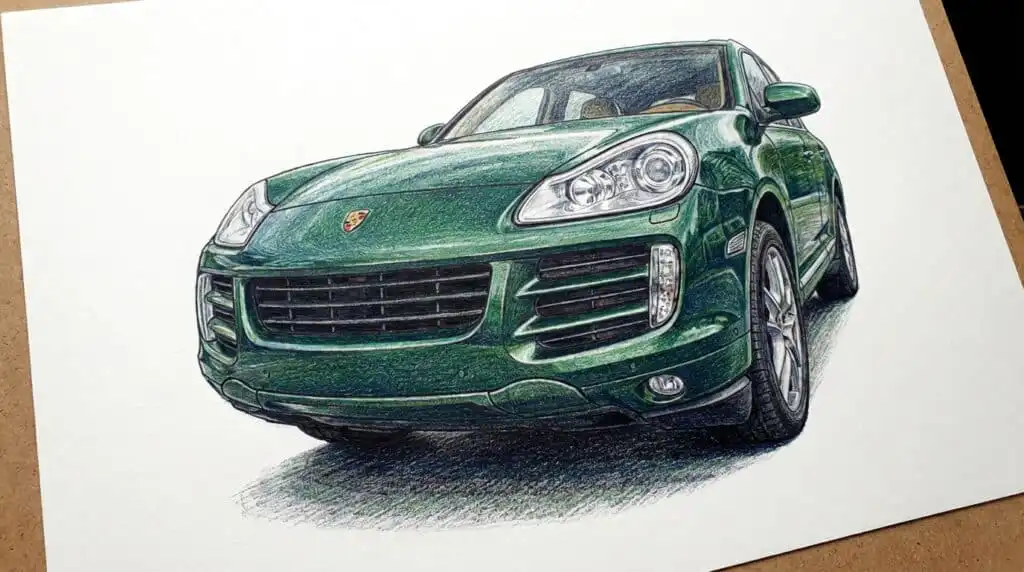 Illustrated green sports car on paper, featuring realistic details and sleek design, capturing automotive artistry and