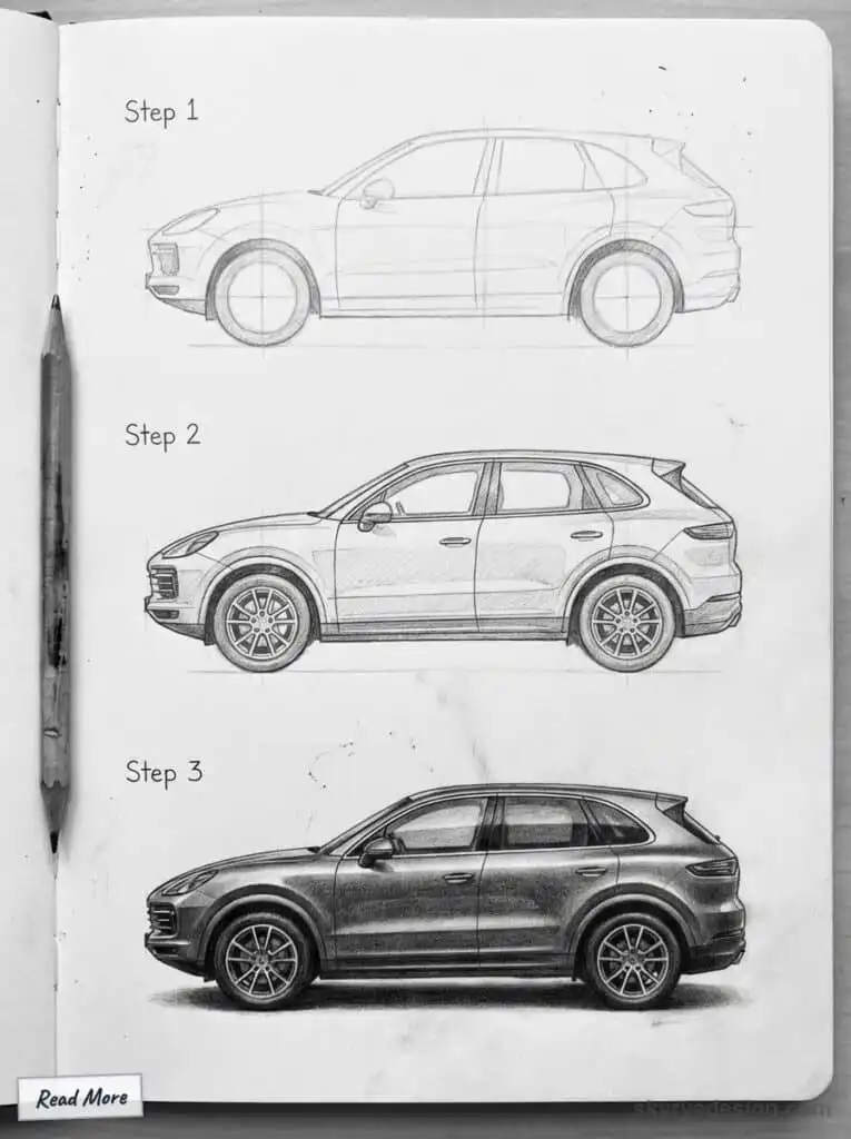 Progressive car sketch showing pencil drawing evolution from outline to detailed rendering, demonstrating artistic process