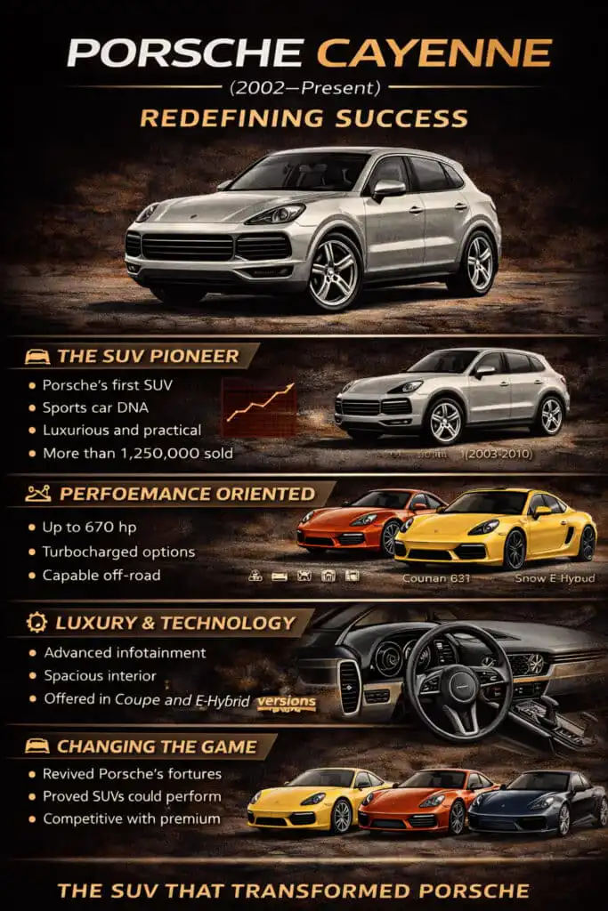 Infographic showcasing the Porsche Cayenne: features, performance, luxury, and impact. Highlights its role in transforming