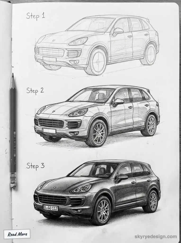 Step-by-step pencil sketch to realistic drawing transformation of a car with detailed shading, showcasing artistic progress.