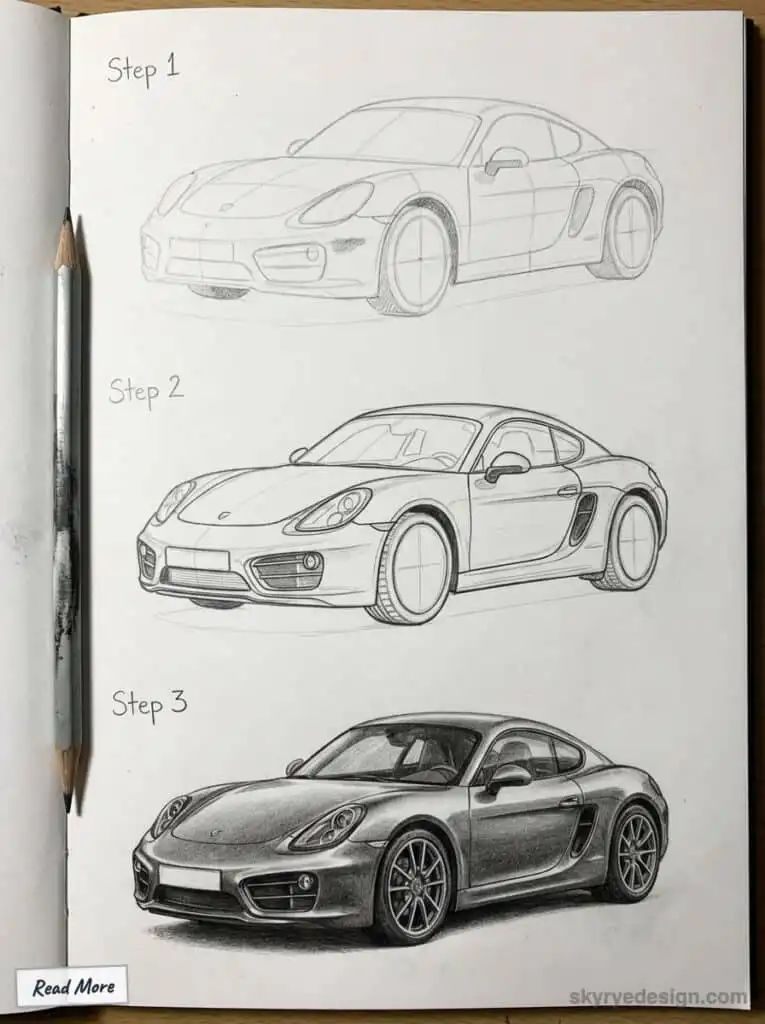 Step-by-step car drawing tutorial: pencil sketches progress from outline to detailed realistic car illustration on paper.