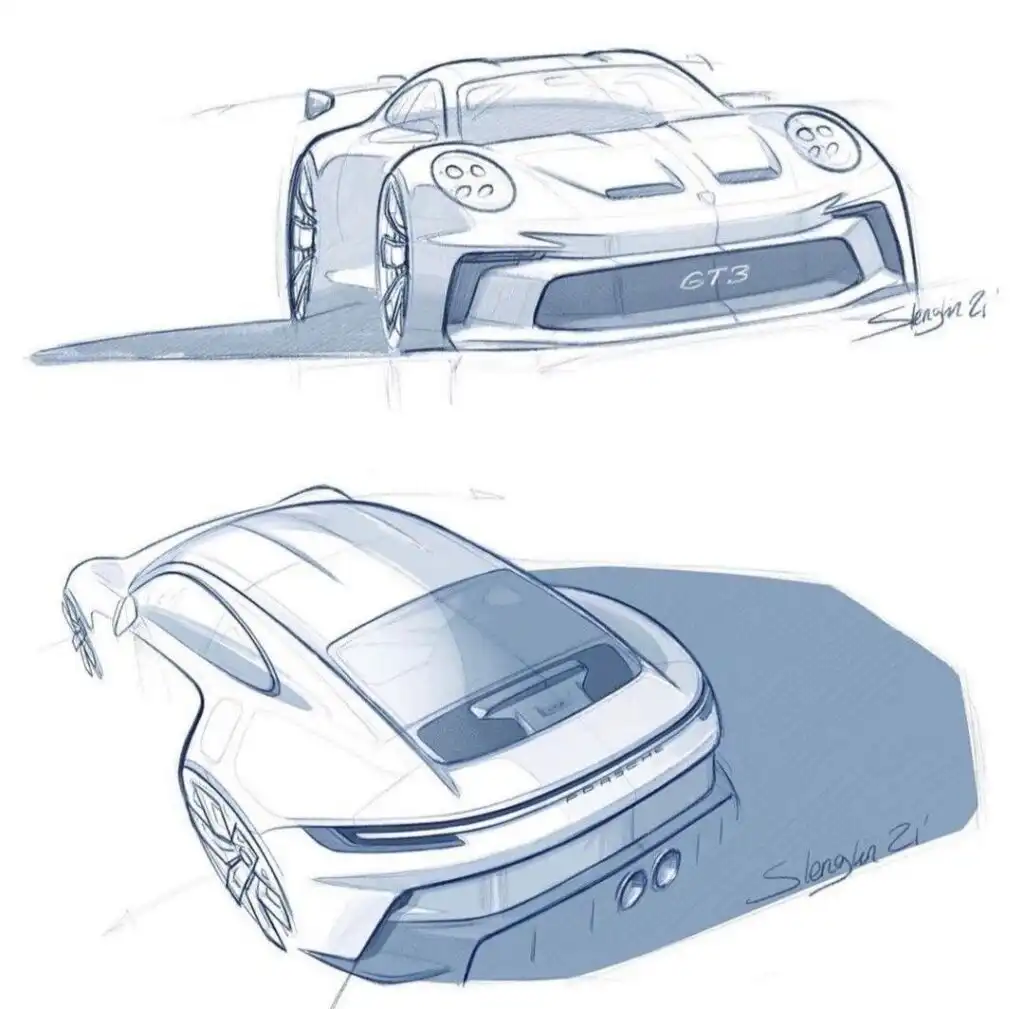 Sketch of a sleek sports car design, labeled GT3, showcasing front and rear views with detailed aerodynamic features and