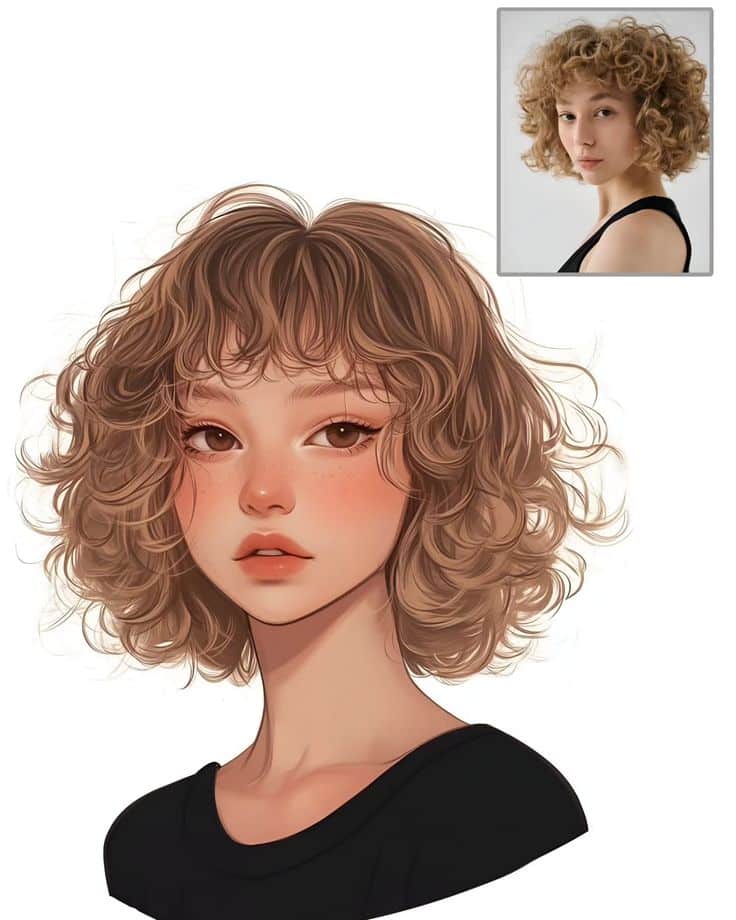 Portrait of artamonova_valery ___drawing procreate portrait digitalart face Illustration of a young woman with curly hair and bangs, wearing a black top. Inset shows a real-life reference with similar hairstyle. | Sky Rye Design Illustration of a young woman with curly hair and bangs, wearing a black top. Inset shows a real-life reference with similar hairstyle. Digital Portraits on iPad