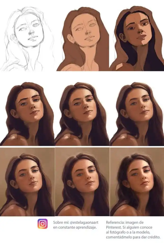 Artistic portrait progression from sketch to finished digital painting of a woman. Step-by-step transformation showing coloring detail.