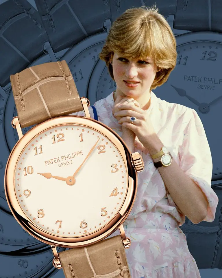 Elegant woman wearing a classic Patek Philippe watch, showcasing timeless luxury and style with a beige leather strap.