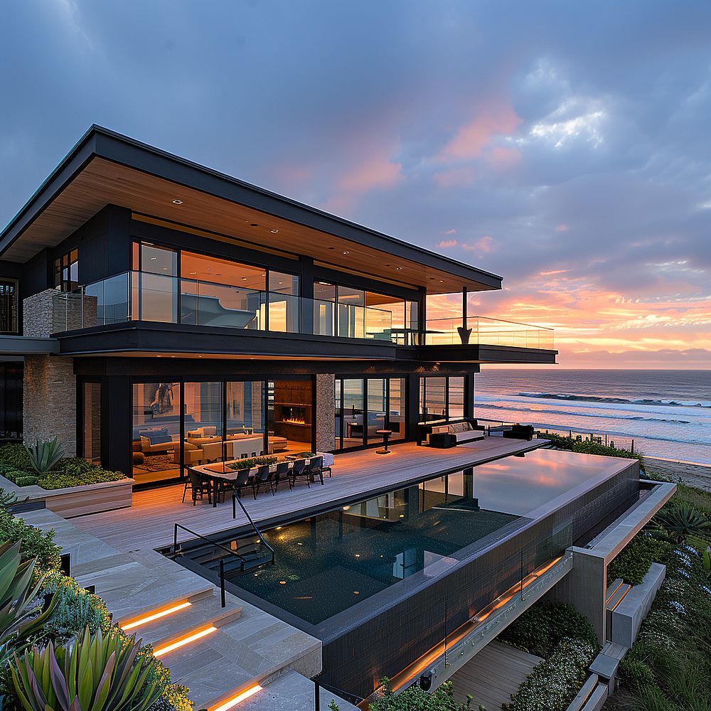 Private Islands and Beaches 3 Modern beachfront house at sunset, featuring glass walls and an infinity pool overlooking the ocean, surrounded by lush landscaping. | Sky Rye Design Modern beachfront house at sunset, featuring glass walls and an infinity pool overlooking the ocean, surrounded by lush landscaping.