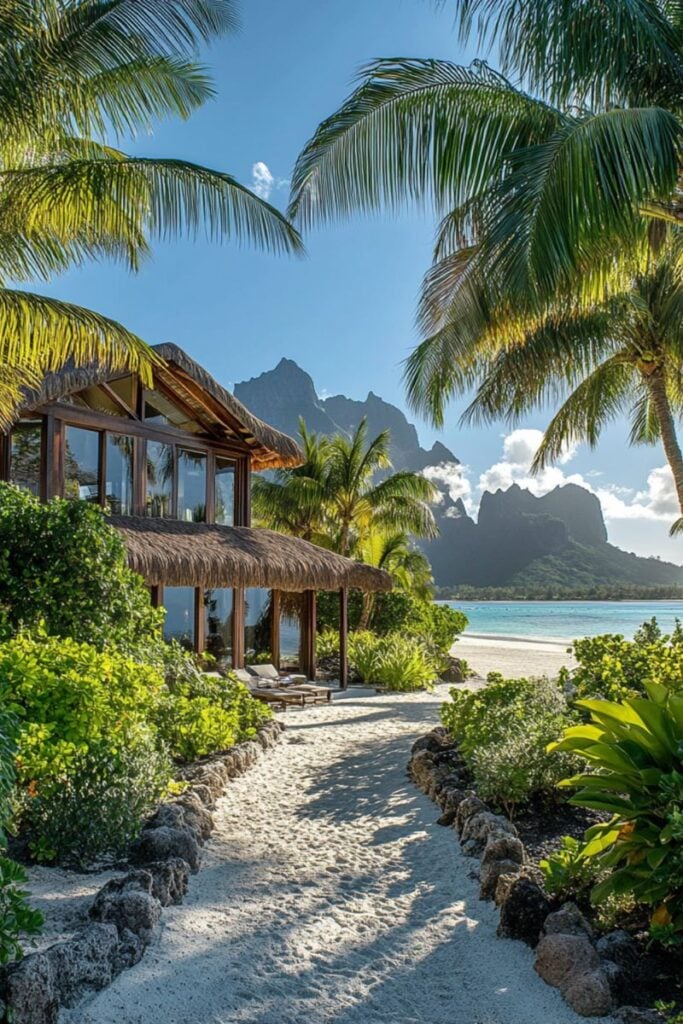 Private Islands and Beaches 4 Tropical beach paradise with a thatched villa, palm trees, sandy path, and distant mountains beneath a clear blue sky. | Sky Rye Design Tropical beach paradise with a thatched villa, palm trees, sandy path, and distant mountains beneath a clear blue sky.
