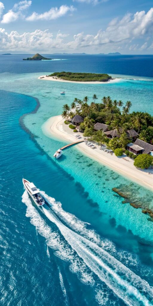 Private Islands and Beaches 5 Aerial view of a tropical island with palm trees, clear turquoise waters, and boats, perfect for a serene paradise getaway. | Sky Rye Design Aerial view of a tropical island with palm trees, clear turquoise waters, and boats, perfect for a serene paradise getaway.