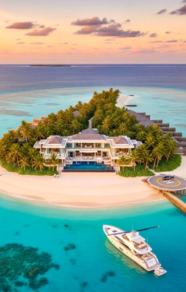 Private Islands and Beaches 6 Luxurious island villa with pool, palm trees, yacht, and helipad at sunset. Tropical paradise vacation destination. | Sky Rye Design Luxurious island villa with pool, palm trees, yacht, and helipad at sunset. Tropical paradise vacation destination.