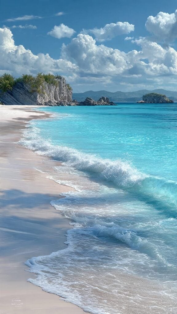 Private Islands and Beaches 7 Turquoise waves gently lap a pristine sandy beach under a bright blue sky, with distant rocky cliffs and fluffy clouds on the horizon. | Sky Rye Design Turquoise waves gently lap a pristine sandy beach under a bright blue sky, with distant rocky cliffs and fluffy clouds on the horizon.