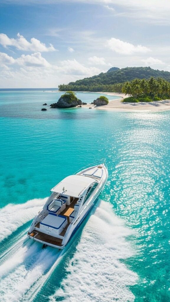 Private Islands and Beaches 8 Luxury yacht cruising on crystal-clear turquoise waters near a tropical island with palm trees and a serene beach under a sunny sky. | Sky Rye Design Luxury yacht cruising on crystal-clear turquoise waters near a tropical island with palm trees and a serene beach under a sunny sky.