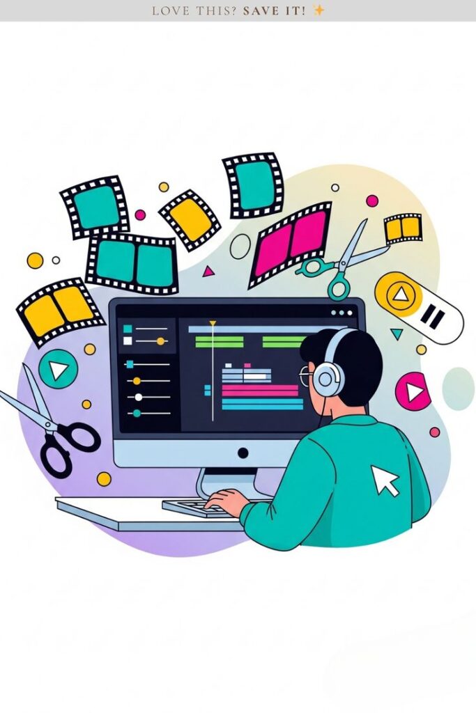 Professional Video Editing Service 🎬 _ Hire Skilled Freelance Editors for Your Projects 🚀 Illustration of a person editing videos on a computer, surrounded by film clips and editing tools, showcasing creative video production. | Sky Rye Design Illustration of a person editing videos on a computer, surrounded by film clips and editing tools, showcasing creative video production.