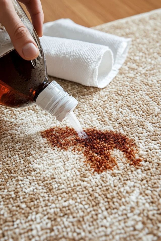 Hand pouring liquid from a bottle onto a carpet stain, with a rolled-up towel nearby, demonstrating a cleaning technique.