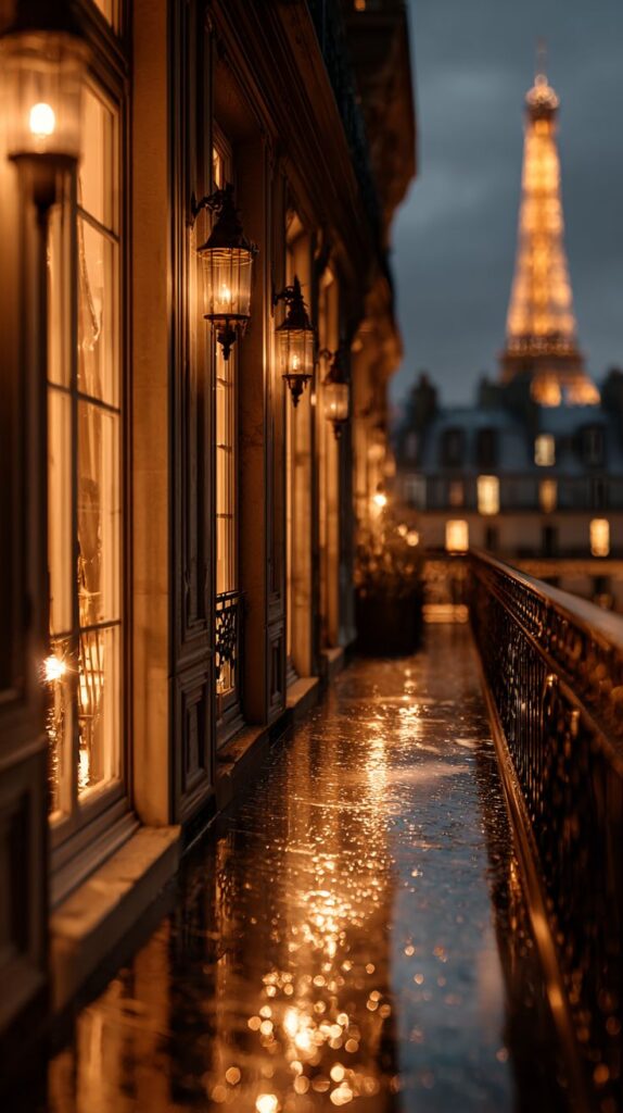 Rainy Paris Balcony Wallpaper with Eiffel Tower 2 Romantic Parisian balcony at night with the Eiffel Tower glowing in the distance, reflecting warm lights on rainy pavement. | Sky Rye Design Romantic Parisian balcony at night with the Eiffel Tower glowing in the distance, reflecting warm lights on rainy pavement.