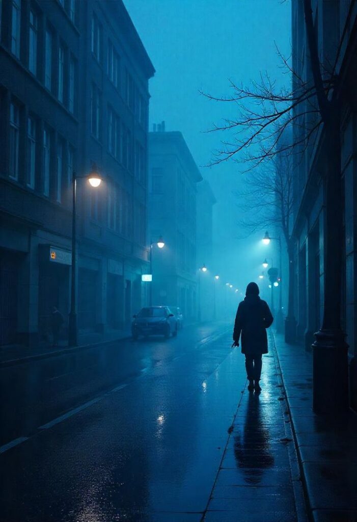 Rainy misty night A lone figure walks down a misty, dimly lit street at night, surrounded by tall buildings, creating a moody, atmospheric scene. | Sky Rye Design A lone figure walks down a misty, dimly lit street at night, surrounded by tall buildings, creating a moody, atmospheric scene.
