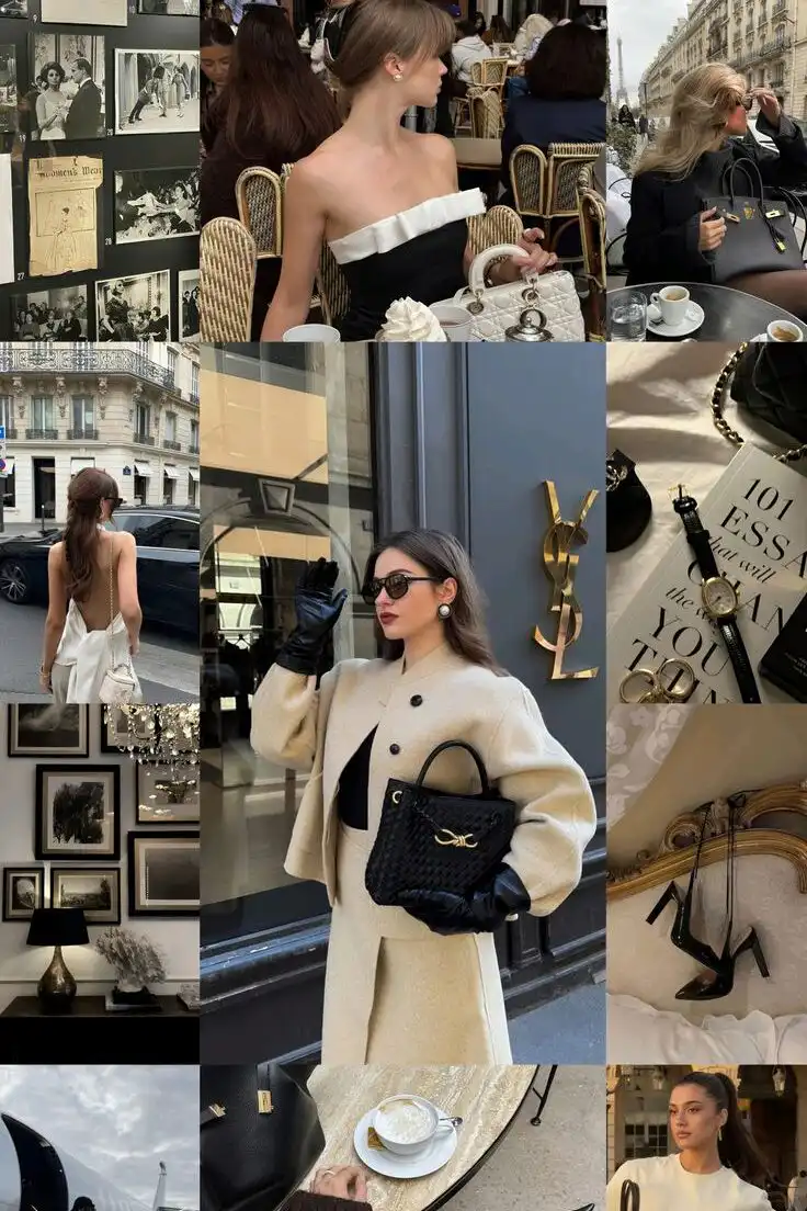 Collage of chic fashion moments with elegant outfits, accessories, and coffee at a Paris café, exuding luxury and sophisticated style.