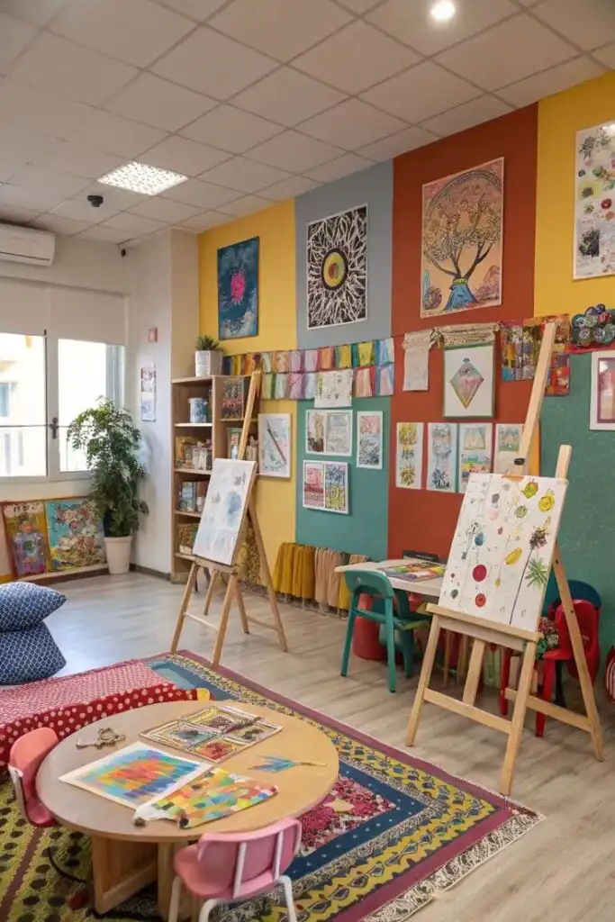 Rincón de arte - Ideas de decoración para el aula de clase Colorful children's art classroom with paintings, easels, and cozy seating, inspiring creativity and learning in a vibrant environment. | Sky Rye Design Colorful children's art classroom with paintings, easels, and cozy seating, inspiring creativity and learning in a vibrant environment.