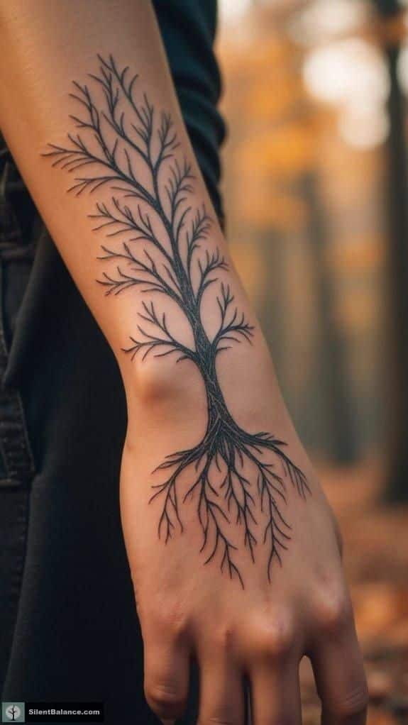 Rooted in Heritage_ The Power of Family Trees Minimalistic tree tattoo on an arm with intricate branches and roots, set against a blurred autumn forest background. | Sky Rye Design Minimalistic tree tattoo on an arm with intricate branches and roots, set against a blurred autumn forest background.