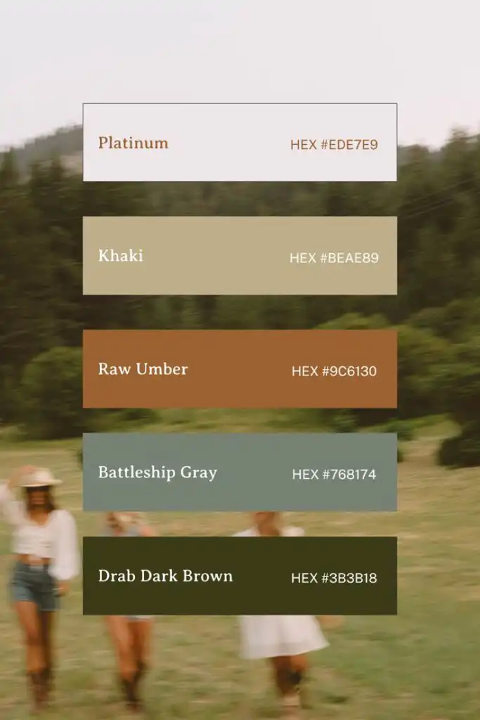 Color palette featuring Platinum, Khaki, Raw Umber, Battleship Gray, and Drab Dark Brown with HEX codes, overlaying a blurred field scene.