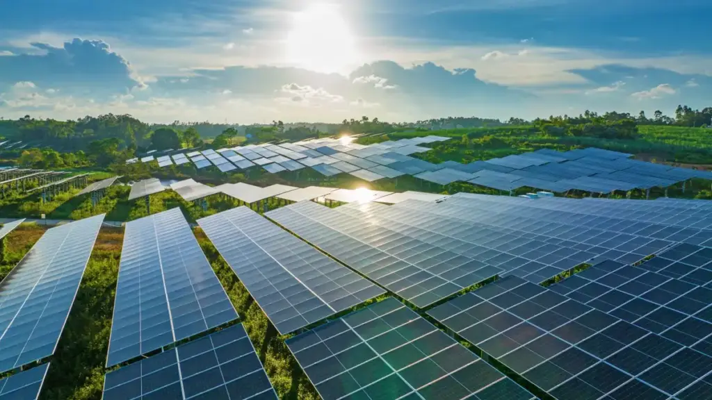 A vast solar farm with panels under a bright sun, set in a lush green landscape, capturing clean renewable energy.