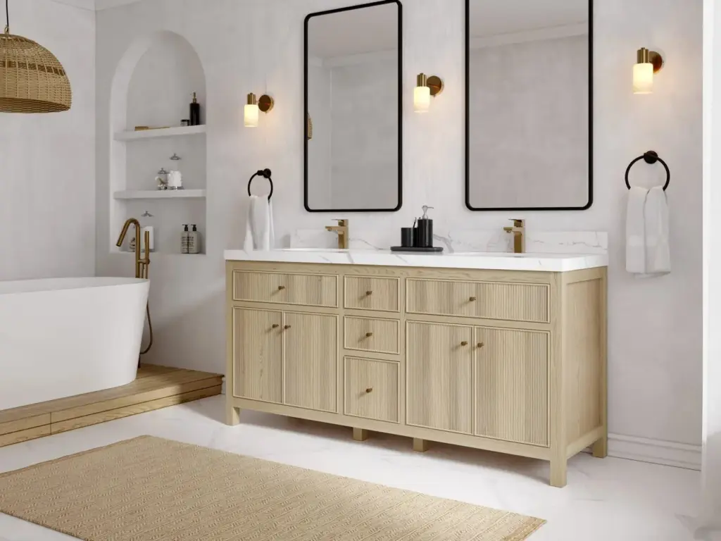 Modern bathroom with dual sinks, wooden vanity, round bathtub, wall mirrors, and warm lighting for a stylish, cozy