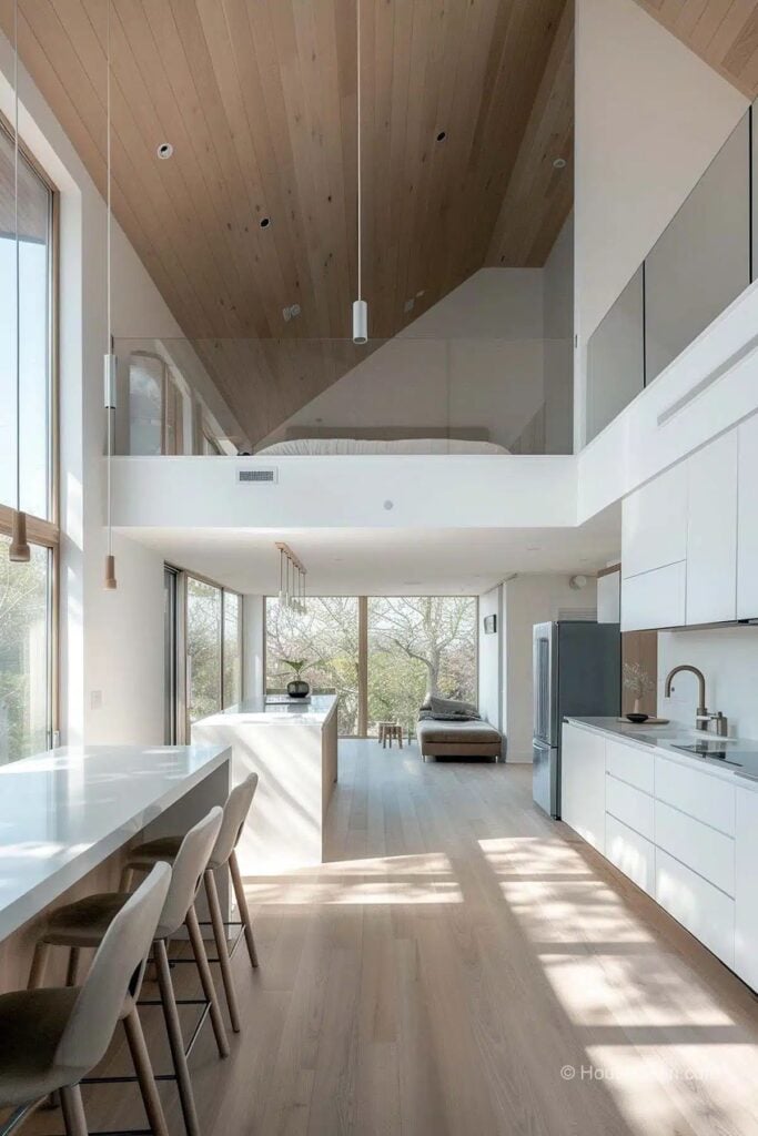 Modern, minimalist open-concept kitchen and living space with high ceilings, large windows, and natural wood finishes.
