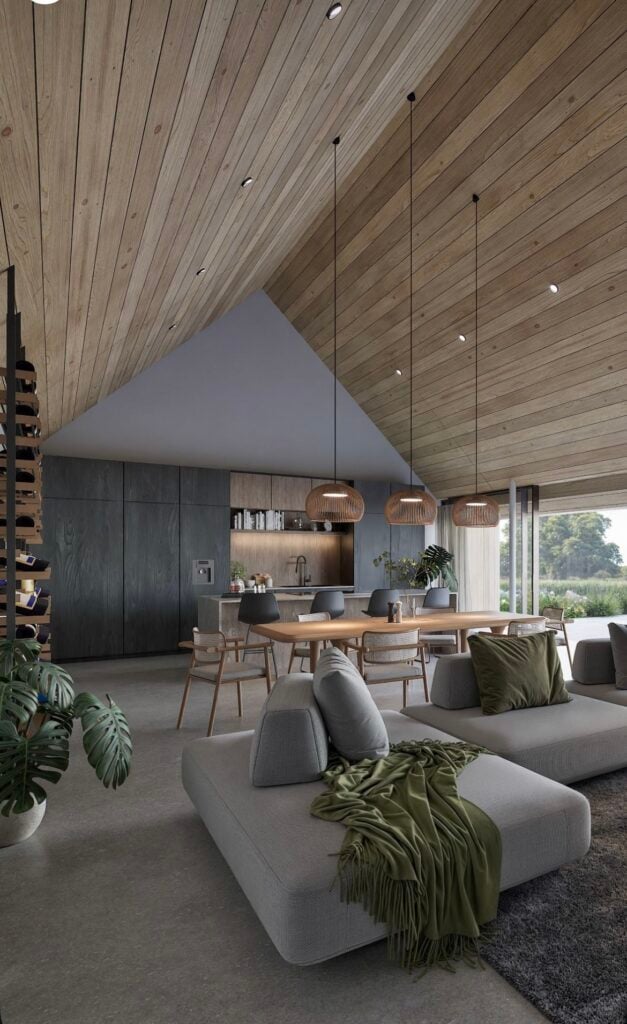 Contemporary open-plan living room with wooden ceiling, modern furnishings, large windows, and hanging lights. Cozy and elegant interior design.