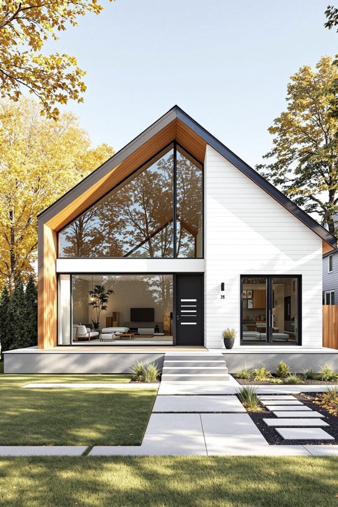 Modern house with large windows and wooden accents, set amid autumn foliage, featuring a minimalist front yard and pathway.