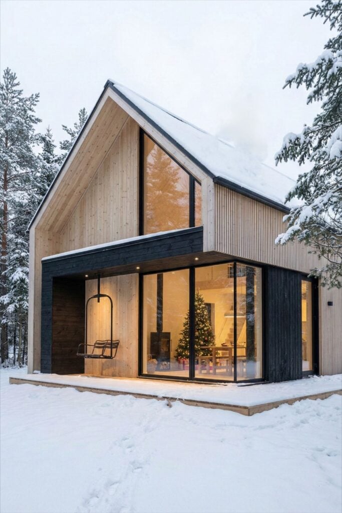 Modern wooden cabin in snowy forest with large windows, winter decor, and Christmas tree inside, creating a cozy holiday atmosphere.