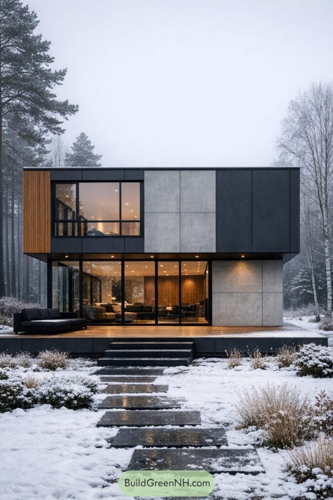 Modern, eco-friendly home with large windows, surrounded by snowy landscape. Sustainable design by BuildGreenNH.com.