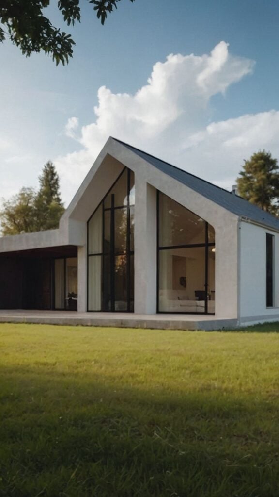 Modern house with large glass windows and gabled roof, set against a blue sky and lush greenery.