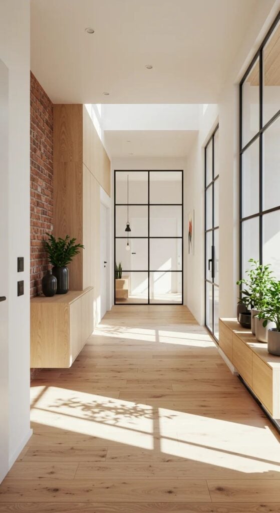 Modern hallway with wooden floor, large windows, and potted plants. Bright natural light creates a clean, minimalistic ambiance.