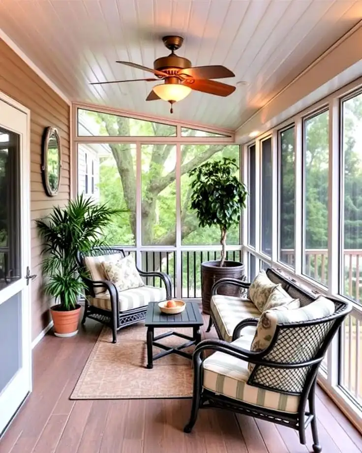 Cozy sunroom with wicker furniture, plants, and ceiling fan, offering a relaxing view of lush greenery through large windows.