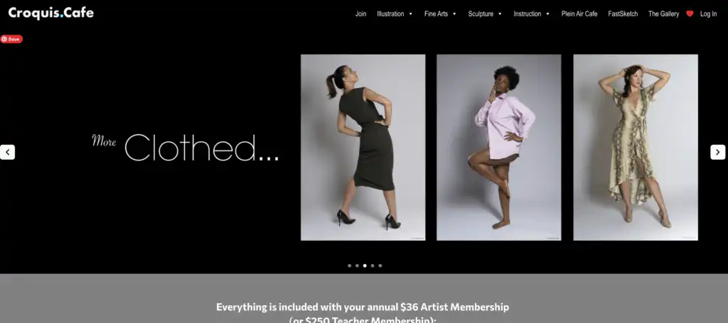 Three models pose stylishly in a clothing photoshoot for Croquis Cafe, showcasing diverse outfits and artistic expression.