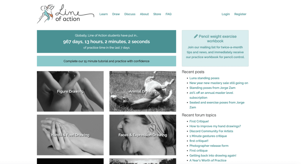 Screenshot 2026-01-09 at 212706 Line of Action homepage showcasing figure, animal, and expression drawing resources with tutorials and a community forum. | Sky Rye Design Line of Action homepage showcasing figure, animal, and expression drawing resources with tutorials and a community forum.